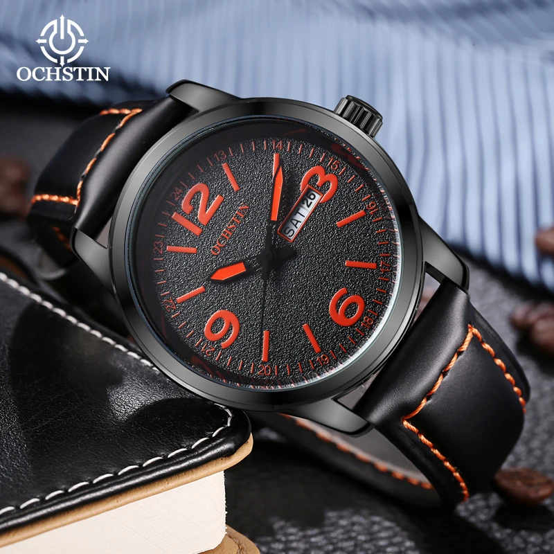 OCHSTIN Commander Series Quartz Watch Multi-functional HD Luminous Leather Strap Multicolor Cacual Quartz Clock