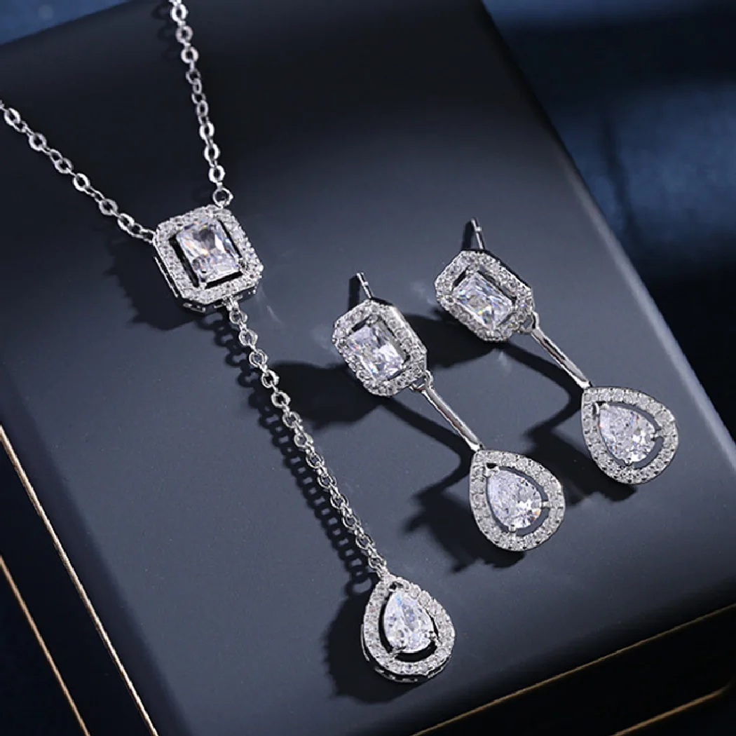 

Zlxigirl Brand Rhodium Silver Cubic Zircon Crystal Wedding Necklace Earring Jewelry set fine Women's Anniversary Necklace Ears