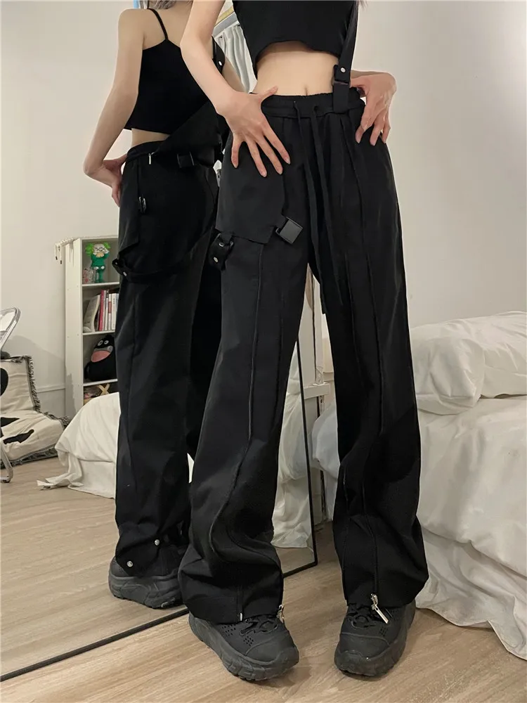 

S-XXL Elastic Waist Function Overalls Autumn Cargo Pants Japanese Y2K Clothes Women Loose Straight Wide Leg Casual Trousers Men