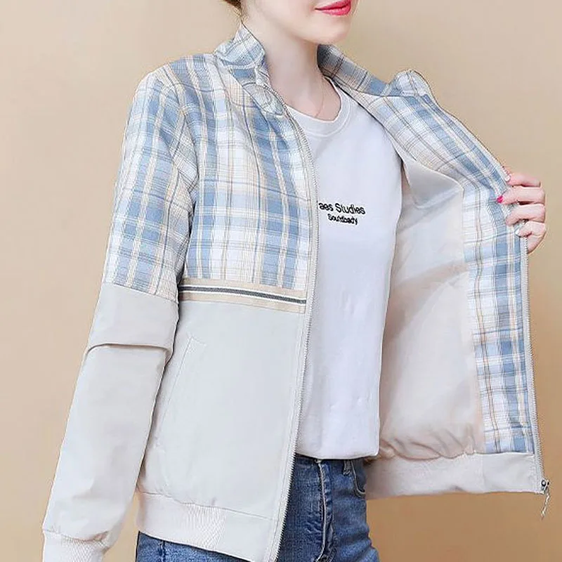 New Spring and Autumn Fashion Korean Edition Spliced Checkered Standing Collar Versatile Casual Simple Women's Jacket Coat