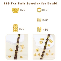 Elegant Gold Hair Jewelry Set - 110 Pieces of Metal Rings, Cuffs, and Clips for Braids and Dreadlocks (Gold)