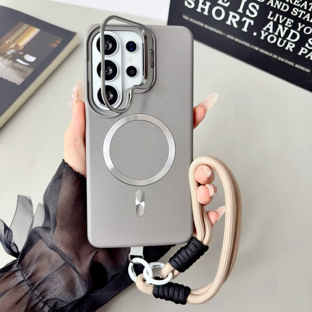 Leather Textured Wrist Strap Case with Metal Lens Bracket and Magnetic Ring Cover