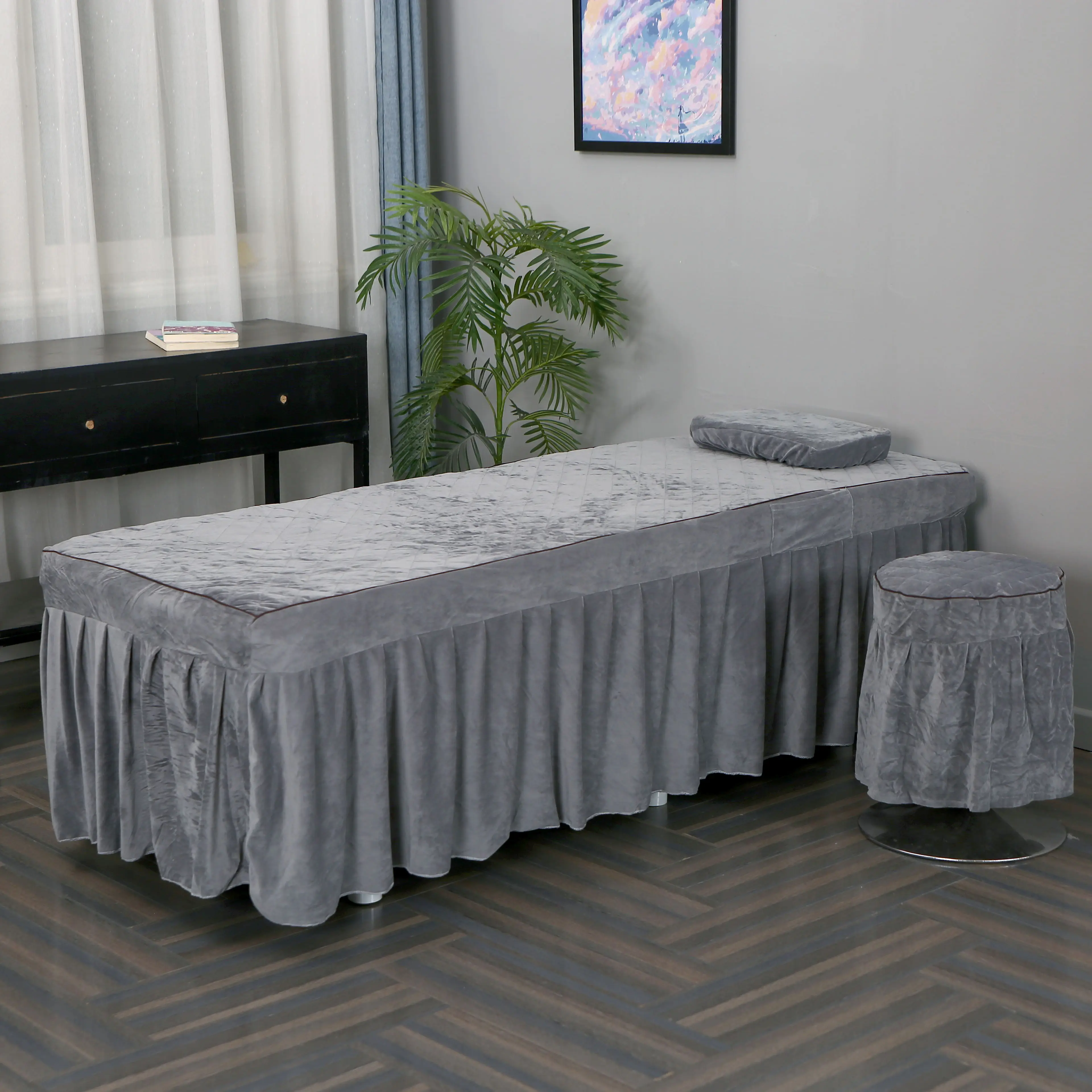 Crystal Velvet Beauty Salon 2pcs Set Bed Skirt+ Pillowcase SPA Skin-Friendly Massage Table Bed Cover Sheet Bedskirt with Hole