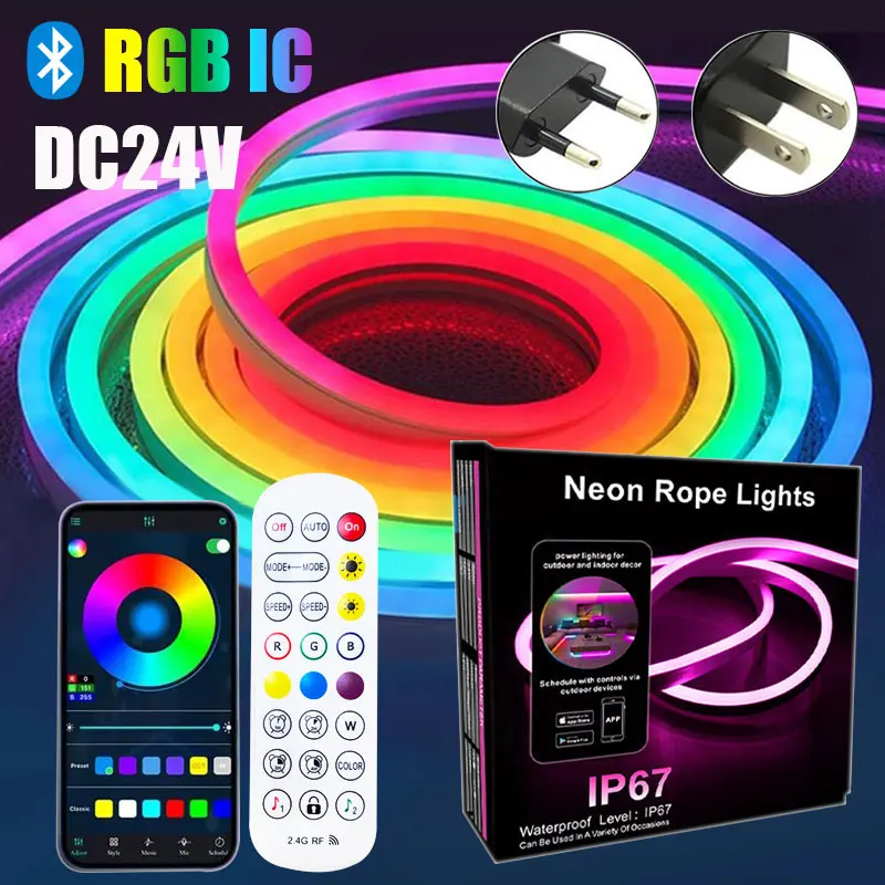 24V Addressable Neon Led Ribbon 5M 10M 15M 20M Bluetooth Remote Control Waterproof Outdoor Lighting Rgbic Strip Neon Rgb Tape