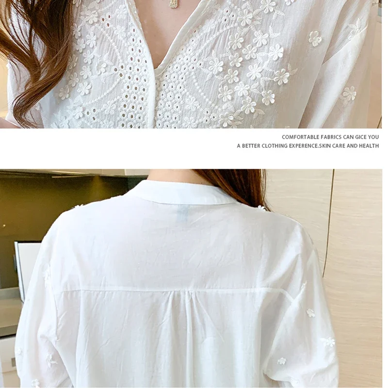 Fashion 3D Embroidery Cotton White Blouse Short Sleeve Women Shirt V-neck Lantern Sleeve Irregular Tops Blouses Blusas 14204