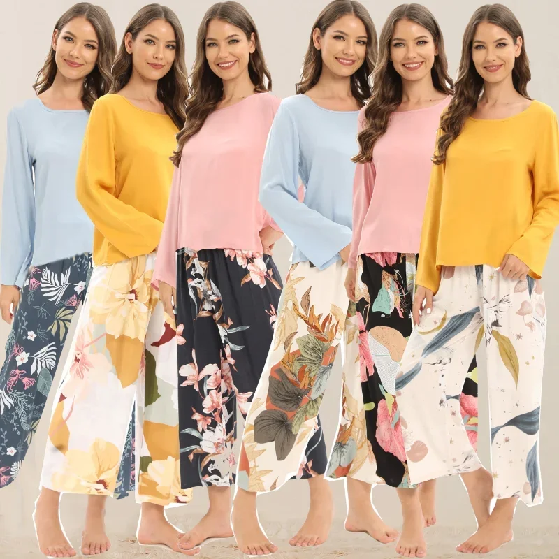 Spring / Summer Pijama New 100% Viscose Long-sleeved Trousers Ladies Pajamas Suit Sleepwear Women's Nightwear Pijama Mujer cotton trousers pajamas ladies spring summer short sleeved trousers plus size student spring autumn thin home service suit 17