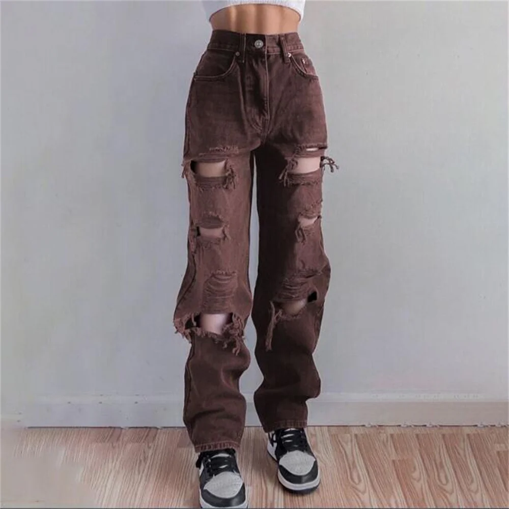 boyfriend jeans 2022 Europe-USA Style Women/Girl High Waist Broken Hole Water Washing Straight Type Jeans Harajuku Vintage Hip-Hop Cowboy Pants black jeans