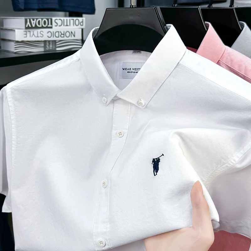 Solid Color Cotton Embroidered Small Horse Logo Shirt, Men's Short Sleeved Casual Versatile High-end Spring and Autumn Shirt