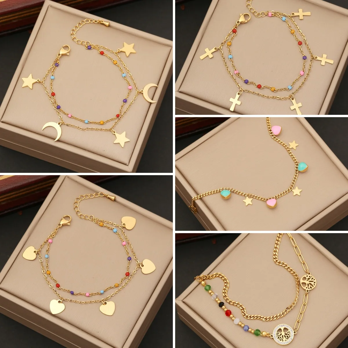 

Браслет с подвесками в виде Луны, звезды, Креста, сердца, популярная модная популярная модель в богемном стиле, покрытая 18-каратным золотом, стальные ювелирные изделия