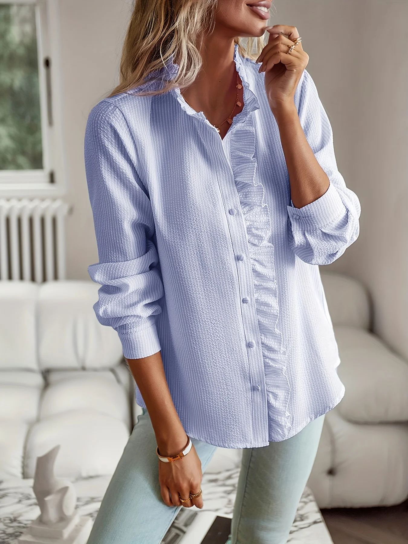 Neuer Stil 2024, Temperament-Pendlerbluse, Strickjacke, gekräuselt, langärmelig, Puffärmel, Hemdbluse für Damen – Detail 15