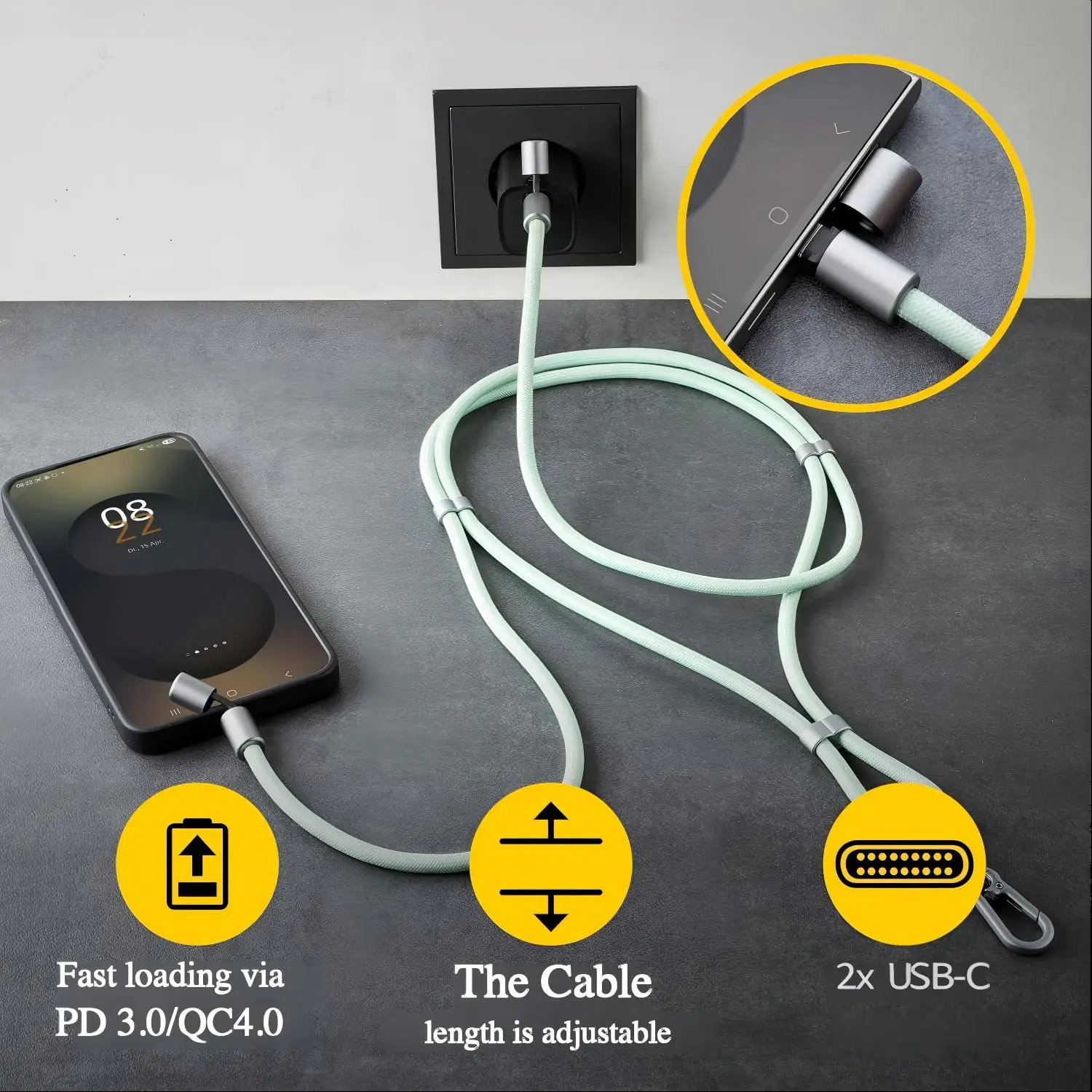 2 in 1 USB C 충전 케이블 폰 끈 ? 60W 고속 충전 및 데이터 동기화, C to C 브레이드 케이블(폰 스트랩 포함), i용 범용