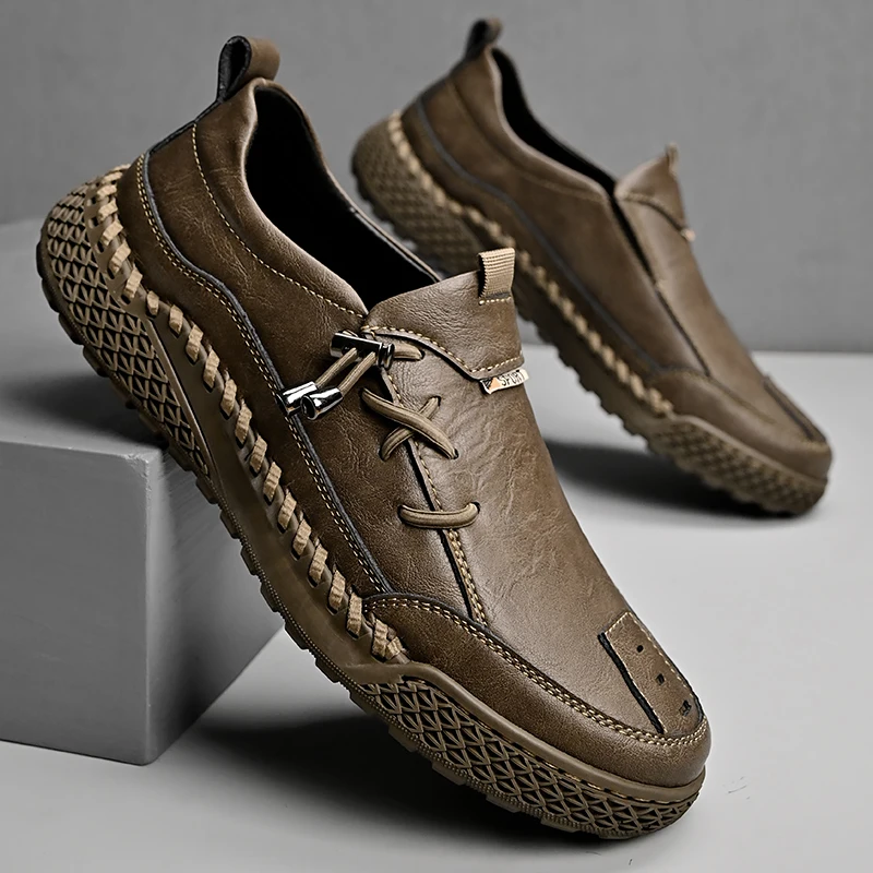 Fashion Leather Men Casual Shoes Hand-stitching Soft Mens Loafers Comfy Moccasins Breathable Slip on Driving Shoes Treking Flats