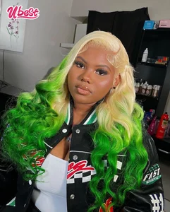 Body Wave Green Omber Color Peruvian Human Hair Side Part Lace Front Middle Part Wig Pre Plucked Wig For 613 Women 180 Density