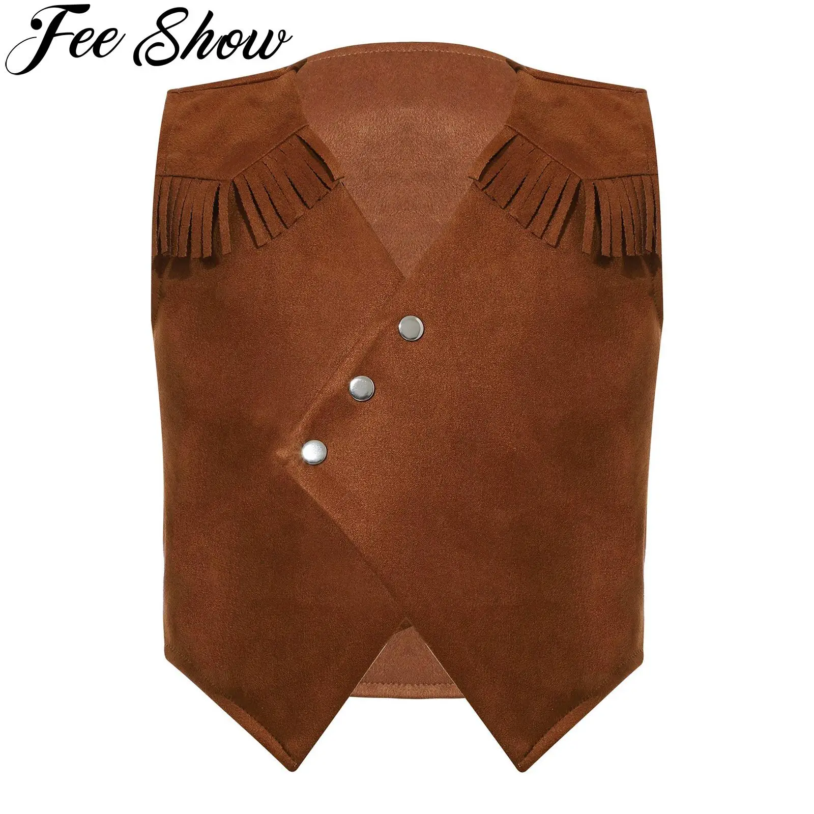 Kids Boys Western Cowboy Costume Vest Pointed Hem Fringe Decor Open Front Waistcoats Halloween Purim Party Fantasia Dress Up
