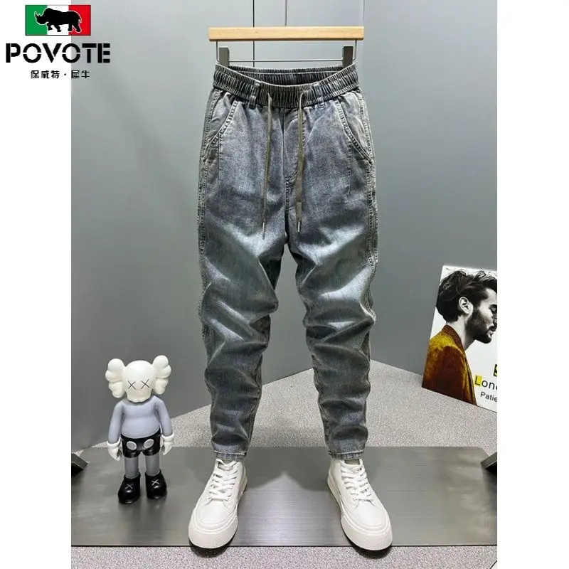 Casual Vintage Men's Fashion Drawstring Jeans with Thickened Fleece and Loose Harem Pants for Autumn and Winter Cargo Trousers 5