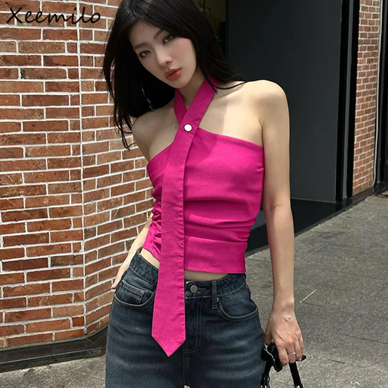 

Xeemilo Y2K Rose Red Halter Tank Top Aesthetic Streetwear Sleeveless Backless Crop Tops Korean Fashion Off Shoulder Slim Vest