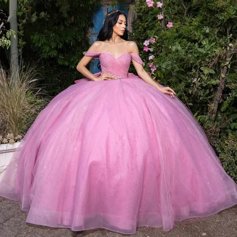 

Pink Quincenara Dresses With Big Bow Off The Shoulder Girl Ball Gown Vestido De 15 Años Princess Party Formal Dress 2024