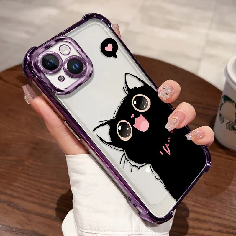 Love Black Cat Electroplate Shockproof Clear Armor Phone Case