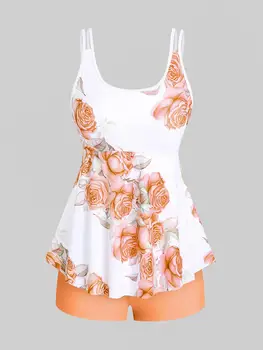 Rosegal Womens High Waist Rose Print Plus Size & Curve Modest Tankini Swimsuit