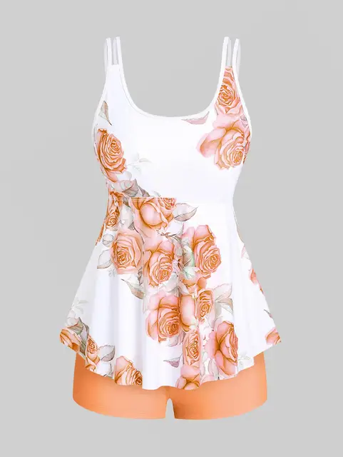 Rosegal Womens High Waist Rose Print Plus Size & Curve Modest Tankini Swimsuit