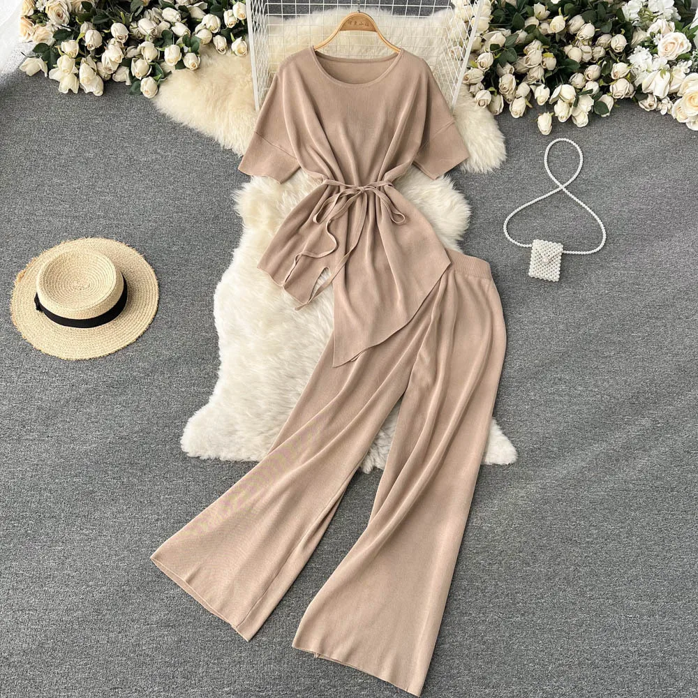 

Women's Round Neck Irregular Short-Sleeved Top and High Waist Slimming Wide-Leg Trousers, Solid Color, Summer, New Fashion