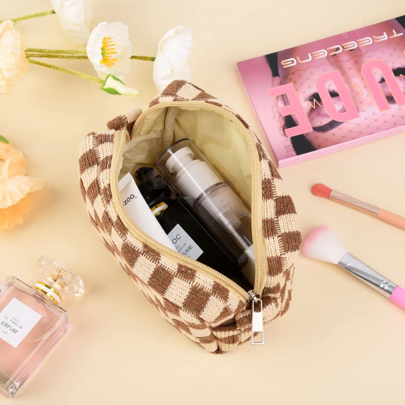 Large Checkerboard Makeup Bag Women Girls Portable Travel Essential Pouch Purse Toiletry Bag Organizer Storage Pencil Case 5