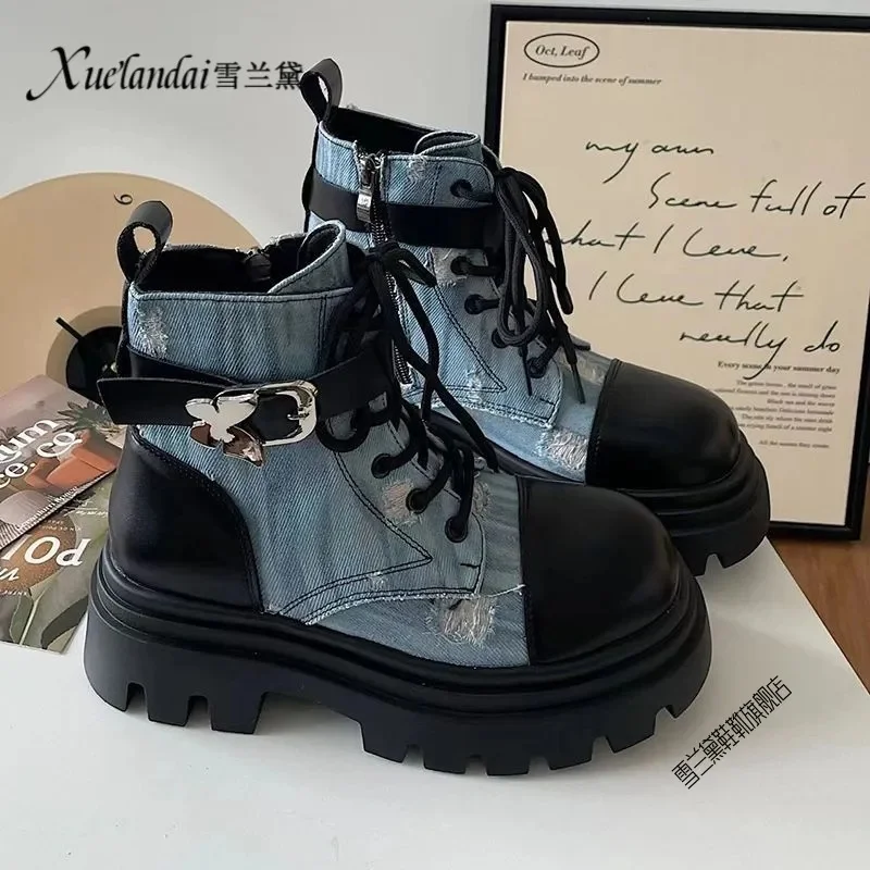 Denim Butterfly Martin Boots Women 2023 Autumn New Sweet Cool Wind INS Retro Fashion Versatile Thick Bottom Short Boots Lace Up