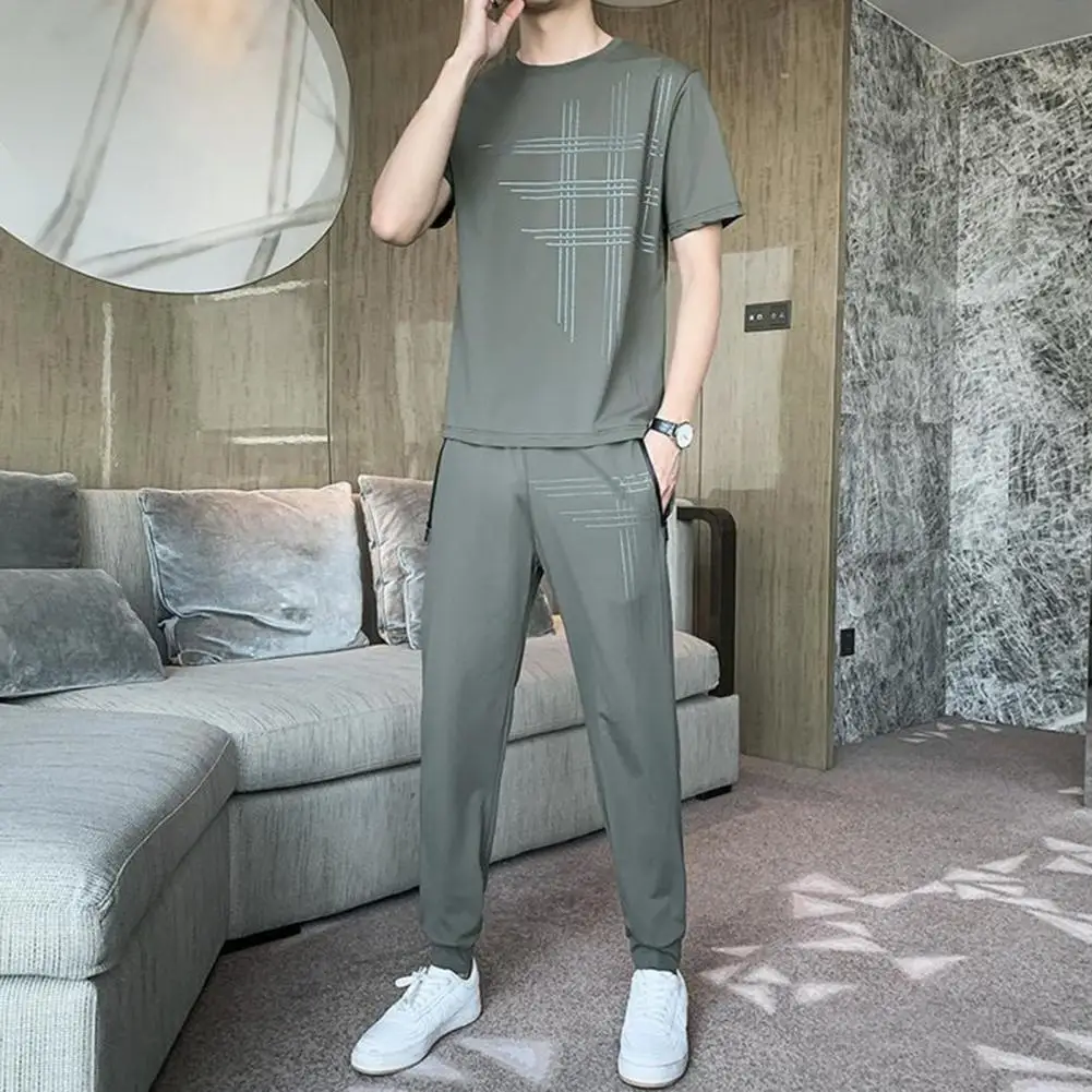 Solid Color Suit Stylish Men's Casual Sports Suit with Short Sleeve T-shirt Elastic Waist Trouser for Home Office or for Men