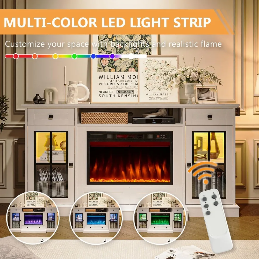 58” Fireplace TV Stand, TV Table for TVs up to 65 Inch, Entertainment Center with 23" Electric Fireplace, Glass Doors 4