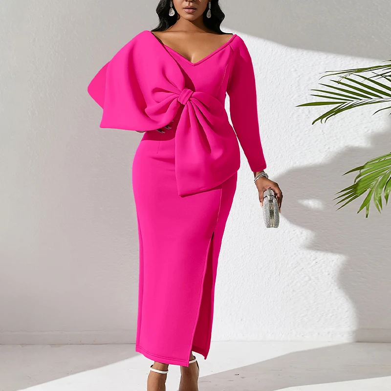 

Club Female Luxury Big Bow Slim Party Dress Sexy Women Solid Color V-Neck Temperament Long Dress 2023 Long Sleeve Split Dresses