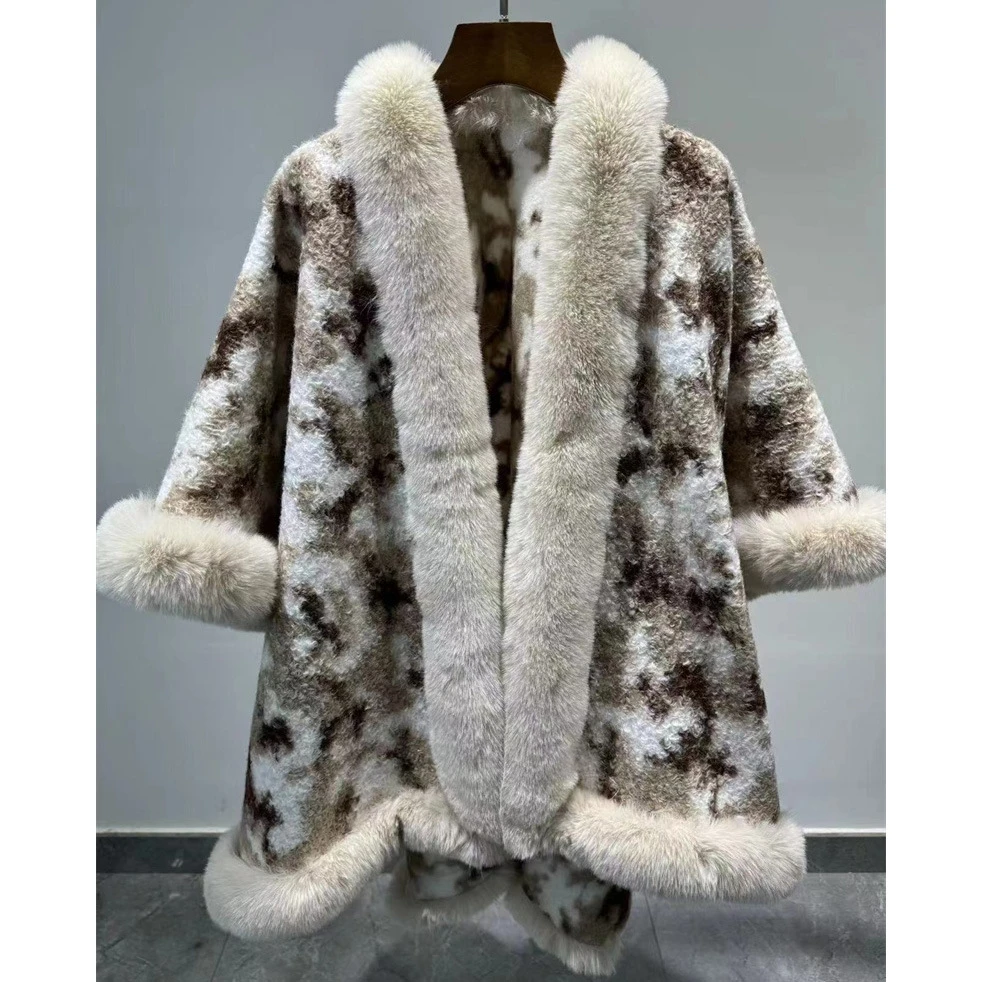 Description Picture 4 of item5 Colors Winter Women Long Faux Fur Collar Tie-dyed Lamb Velvet Poncho Cape Thick Cardigan Overcoat Loose Shawl Printed Cloak