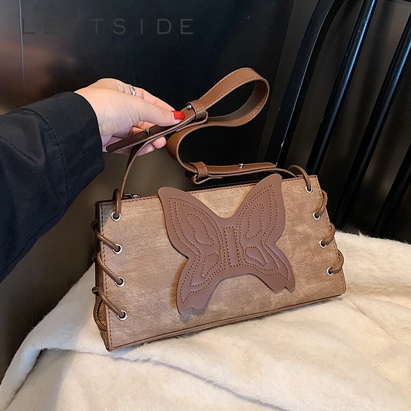 

LEFTSIDE Design Leather Small Butterfly Shoulder Bag for Women 2023 Winter Female Simple Small Retro Crossbody Bag Handbags