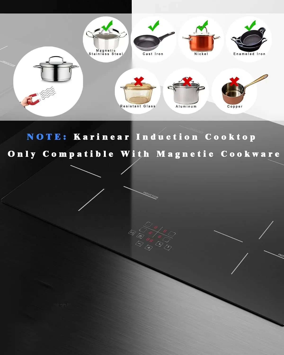 Karinear 24 Inch Induction Cooktop 4 Burners Electric Cooktop, Drop-in Induction Burner, 220-240V, 6400W, Hard Wired(No Plug)