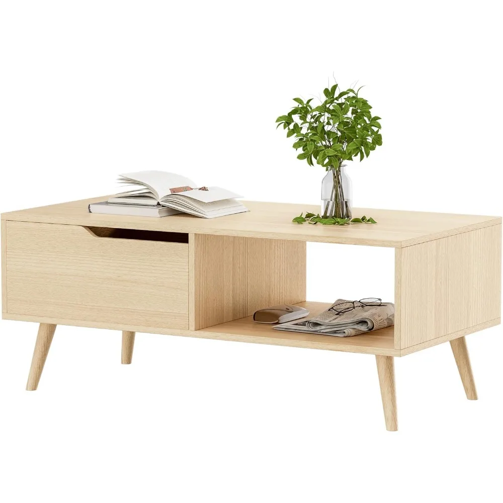 Oak Coffee Table, Mid Century Modern Coffee Table with Drawer & Shelf, 39'' Wooden Simple Console Table for Living Room 6