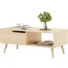 Oak Coffee Table, Mid Century Modern Coffee Table with Drawer & Shelf, 39'' Wooden Simple Console Table for Living Room 6