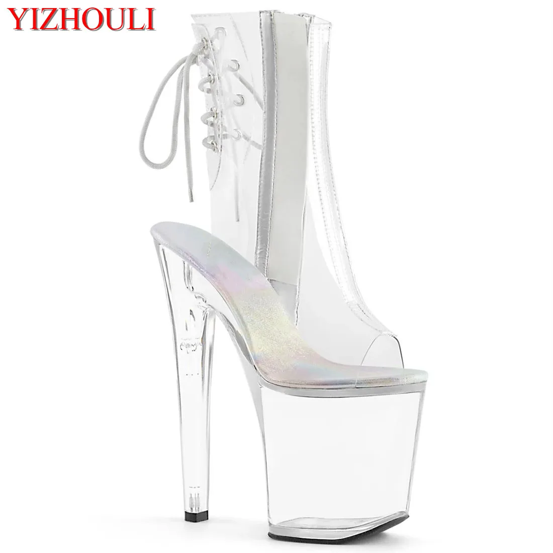 Fully transparent 20 cm bridal shoes, 8 inch model stiletto boots, fish mouth zipper, night club ankle boots