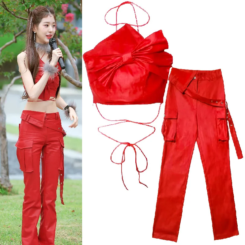 

New IVE Singing Suit Female Troupe Zhang Yuanying Same Red Sling Straight Pants Jazz Dance Performance Suit Set