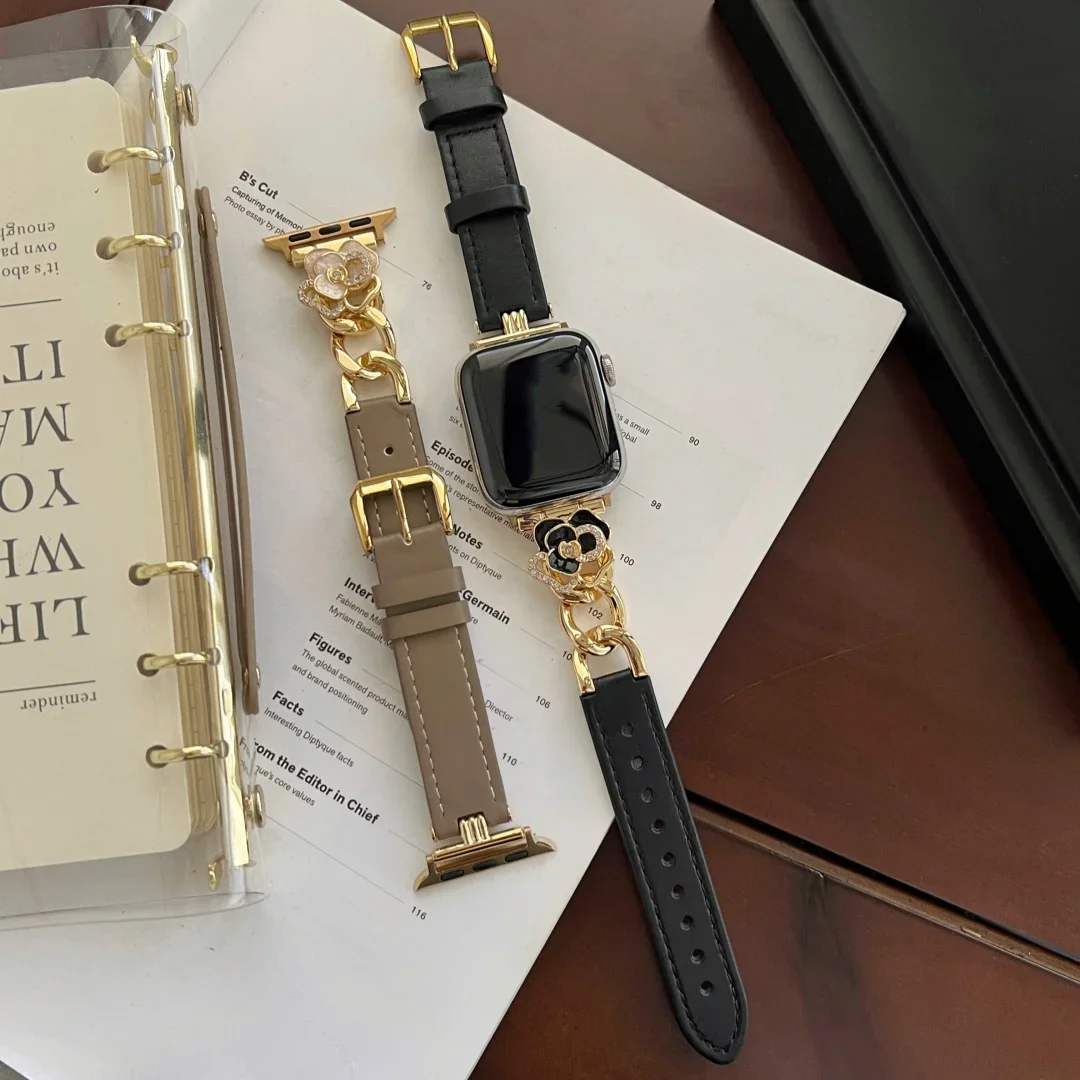 For Apple watch ultra21ses987654321 series 4144 45 49mm strap Metal flowers Calf leather decoration with black soft leather band