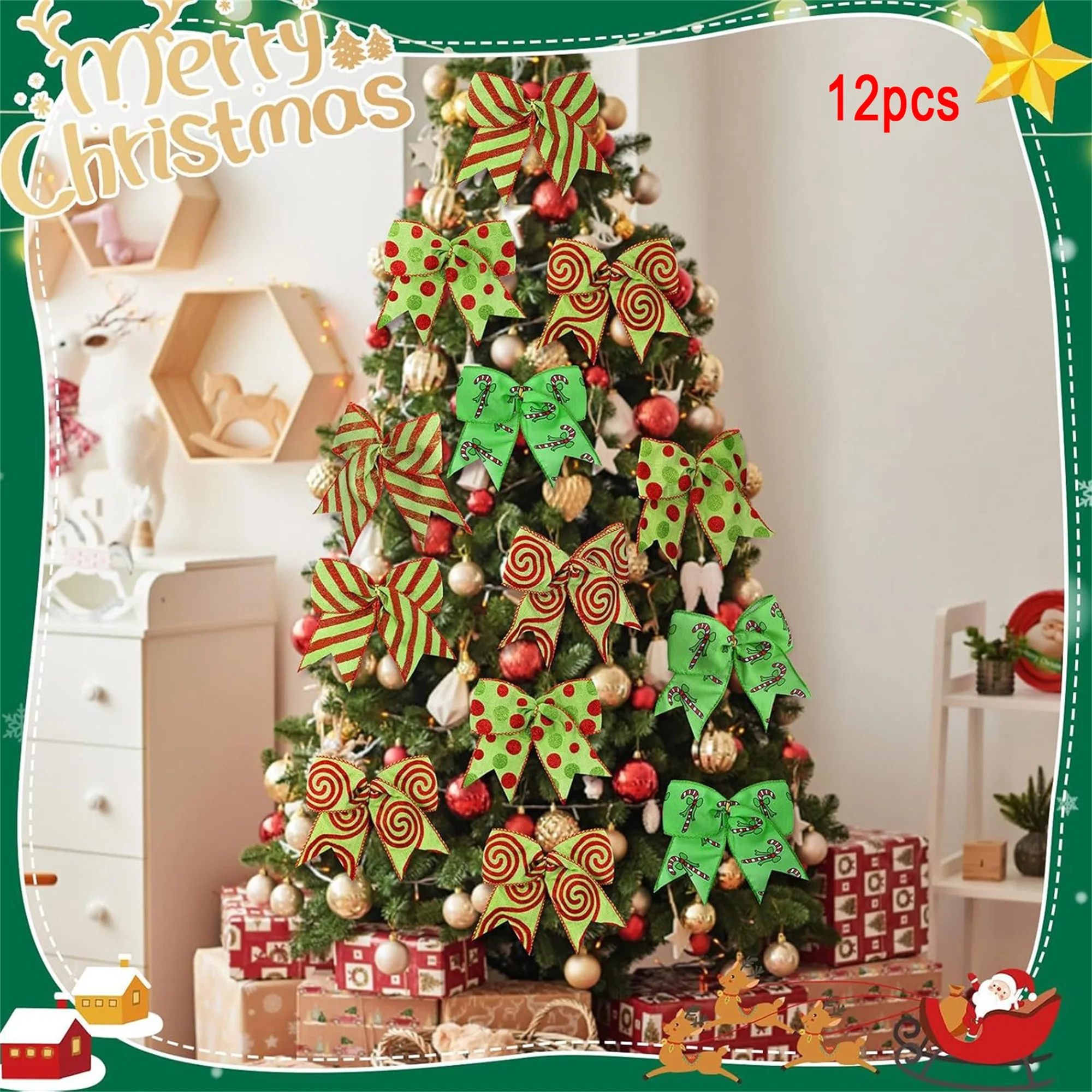 Set of 12 Festive Red and Green Bow Ornaments for Christmas Tree Decoration Perfect for Home Parties and Weddings