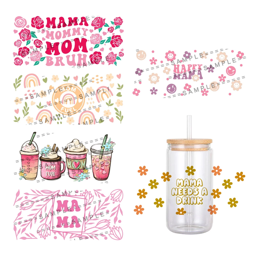 Mother's Day Design Sweet Love Mama Pattern UV DTF Transfer Sticker Waterproof Transfers Decals For 16oz Glass Cup Wrap Stickers
