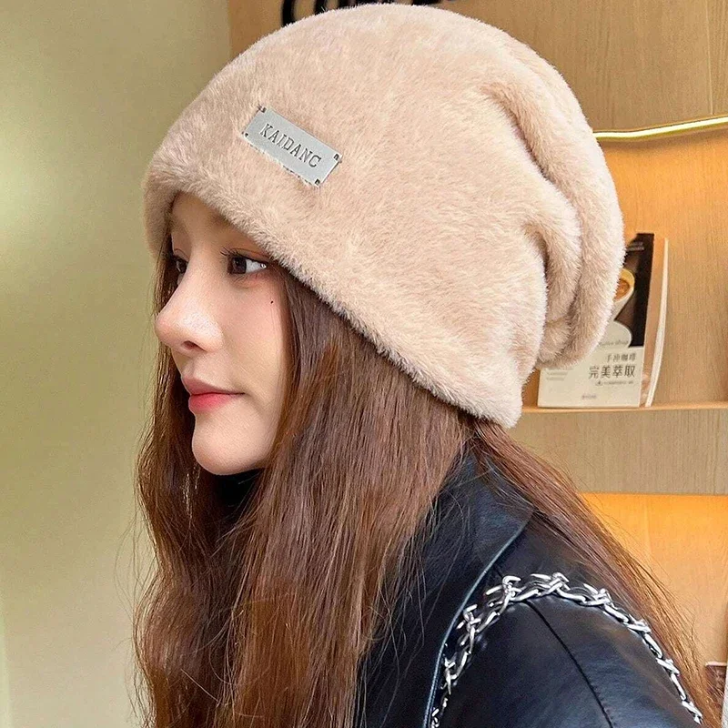 2024 New Fashion Rabbit Fur Y2k Beanies for Women Soft Warm Fluffy Angola Winter Hat Female Windproof Bonnet Hat Skullies Cap 4