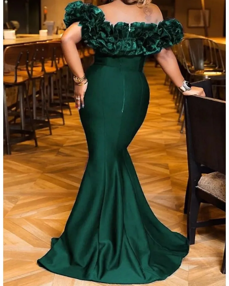 prom gowns Green Arabic Dubai Prom Formal Dress 2022 Off Shoulder Ruffles Satin Evening Party Gown 2022 Robe De Soiree Vestidos Longo plus size prom & dance dresses