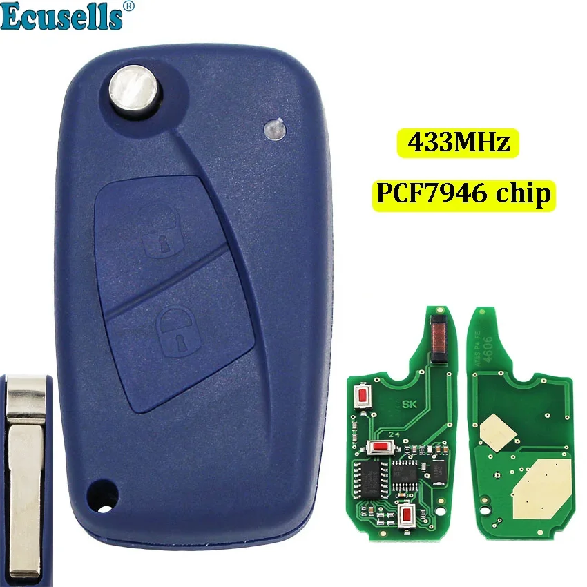 

2 Button Flip Remote Key 433Mhz PCF7946 Chip with Uncut Blade for Fiat 500 Panda Idea Punto Stilo Ducato Blue
