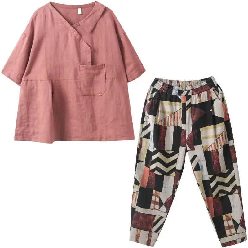 2023 Summer New Pure Cotton Short Sleeve T-shirt Vintage Printed Wide Leg Pants Two Piece Elegant Women's Pants Set Outfits