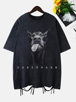 Fashion Creativity Doberman Prints Washed T-Shirt Women Cottontops Distressed O-Neck Oversize T Shirts Vintage Woman Clothes