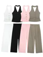 HH Women 2 Piece Set Halter Neck Single-Breasted Pocket Sleeveless Halter Vest Tops+High Waist Zipper Pockets Wide Leg Pant