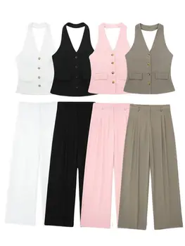 TRAFZA Women 2 Piece Set Halter Neck Single-Breasted Pocket Sleeveless Halter Vest Tops+High Waist Zipper Pockets Wide Leg Pant