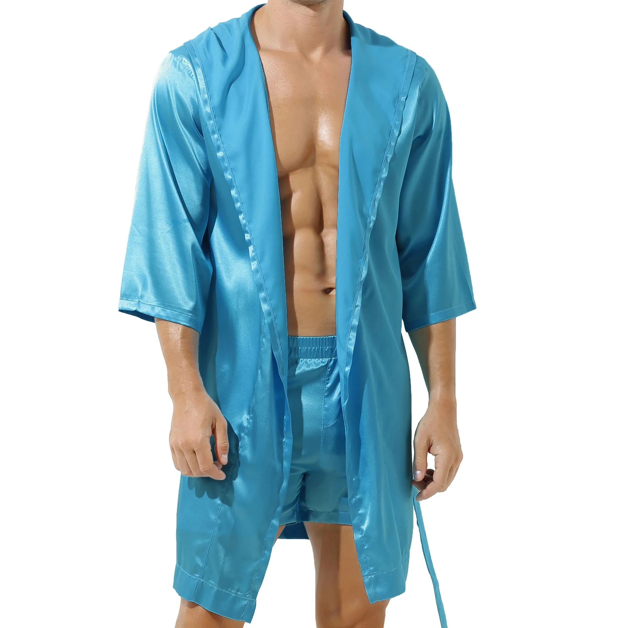 Men Bathrobe Hooded Male Silk Stain Short Sleeve Bath Robe Sleepwear Sexy Men Dressing Gown Bathrobe Nightgown Pajama Loungewear