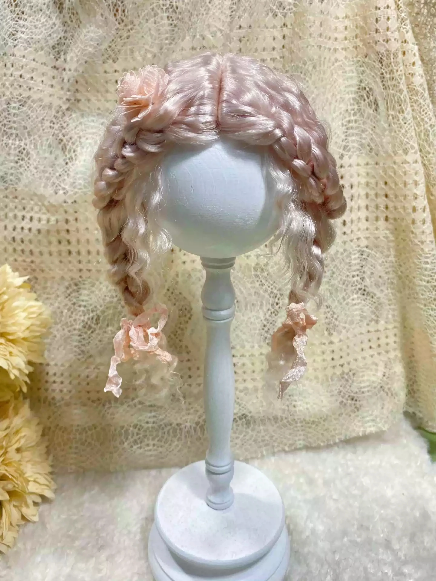 

Кукольные парики для Blythe Qbaby, мохеровые розовые двойные косички в рулонах, 9-10 дюймов