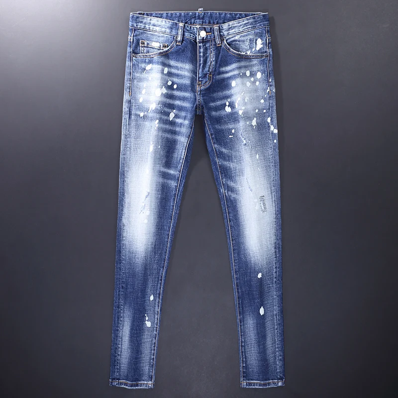 Street Fashion Men Jeans Retro Blue High Quality Elastic Slim Fit Ripped Jeans Men Painted Designer Hip Hop Brand Pants Hombre